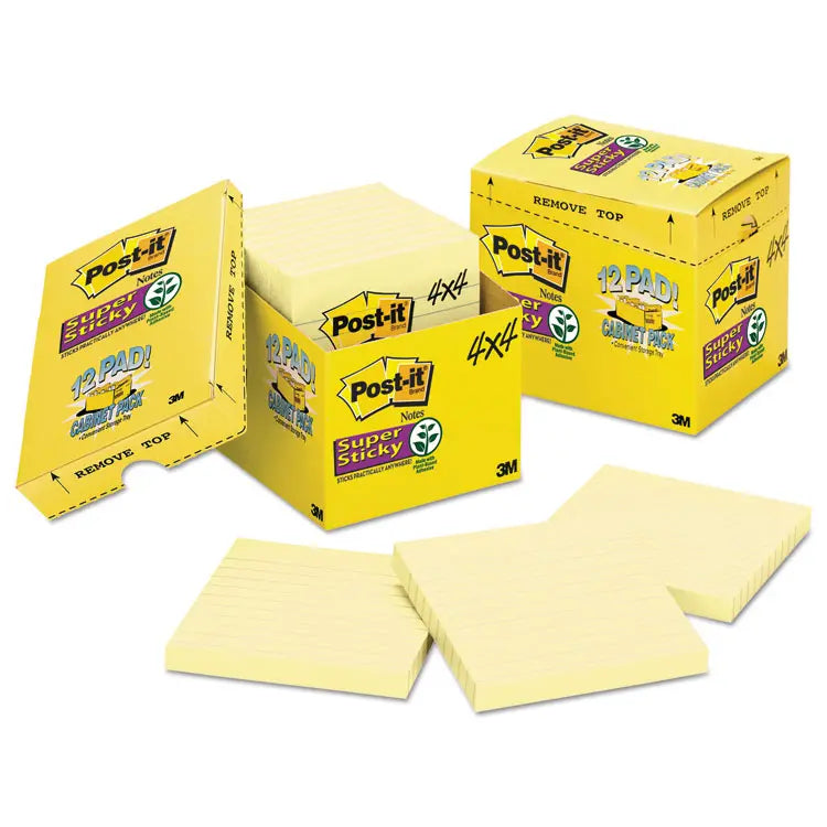 Post-it Notes Pads in Canary Yellow, Cabinet Pack, Note Ruled, 4" x 4", 90 Sheets/Pad, 12 Pads/Pack (MMM67512SSCP)