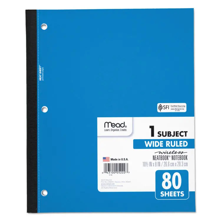 Mead Wireless Neatbook Notebook, 1-Subject, Wide/Legal Rule, Randomly Assorted Cover Color, (80) 10.5 x 8 Sheets (MEA05222)
