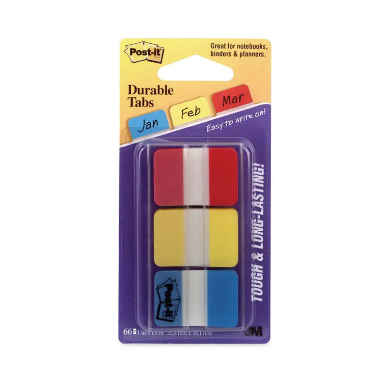 1" Plain Solid Color Tabs, 1/5-Cut, Assorted Primary Colors, 1" Wide, 66/Pack (MMM686RYB)