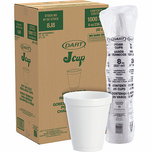 Dart Foam Drink Cups, 8 oz, White, 25/Bag, 40 Bags/Carton