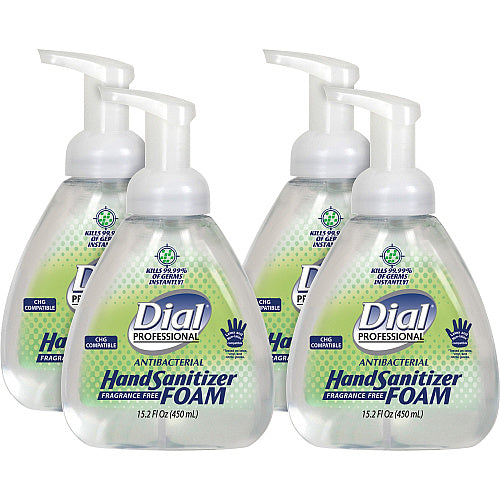Dial Antibacterial Foam Hand Sanitizer, 15.2 oz Pump Bottle, Fragrance-Free, 4/Carton