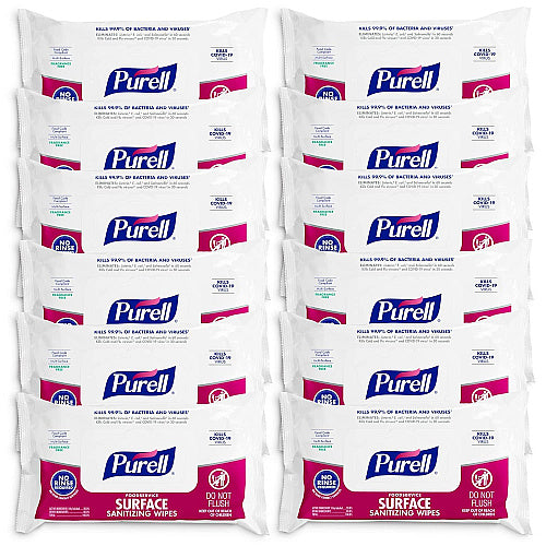 PURELL Foodservice Surface Sanitizing Wipes, 1-Ply, 7.4 x 9, Fragrance-Free, White, 72/Pouch, 12 Pouches/Carton (937112CT)